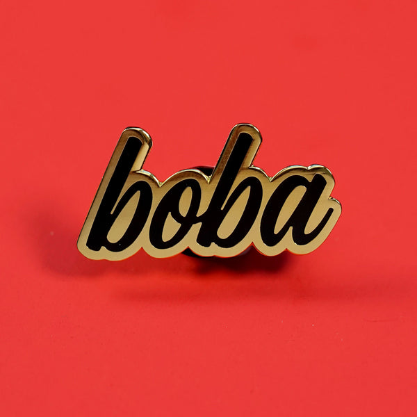 Boba Script - Black and Gold Enamel Pin